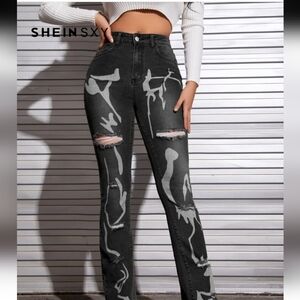 21-025 SHEIN SXY Graphic Print Ripped Jeans size 26x30
